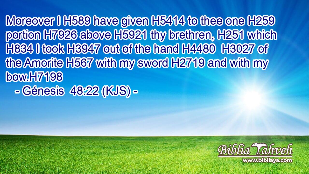 Moreover I H589 have given H5414 to thee one H259 portion H7926 above H5921 thy brethren, H251 which H834 I took H3947 out of the hand H4480  H3027 of the Amorite H567 with my sword H2719 and with my bow.H7198