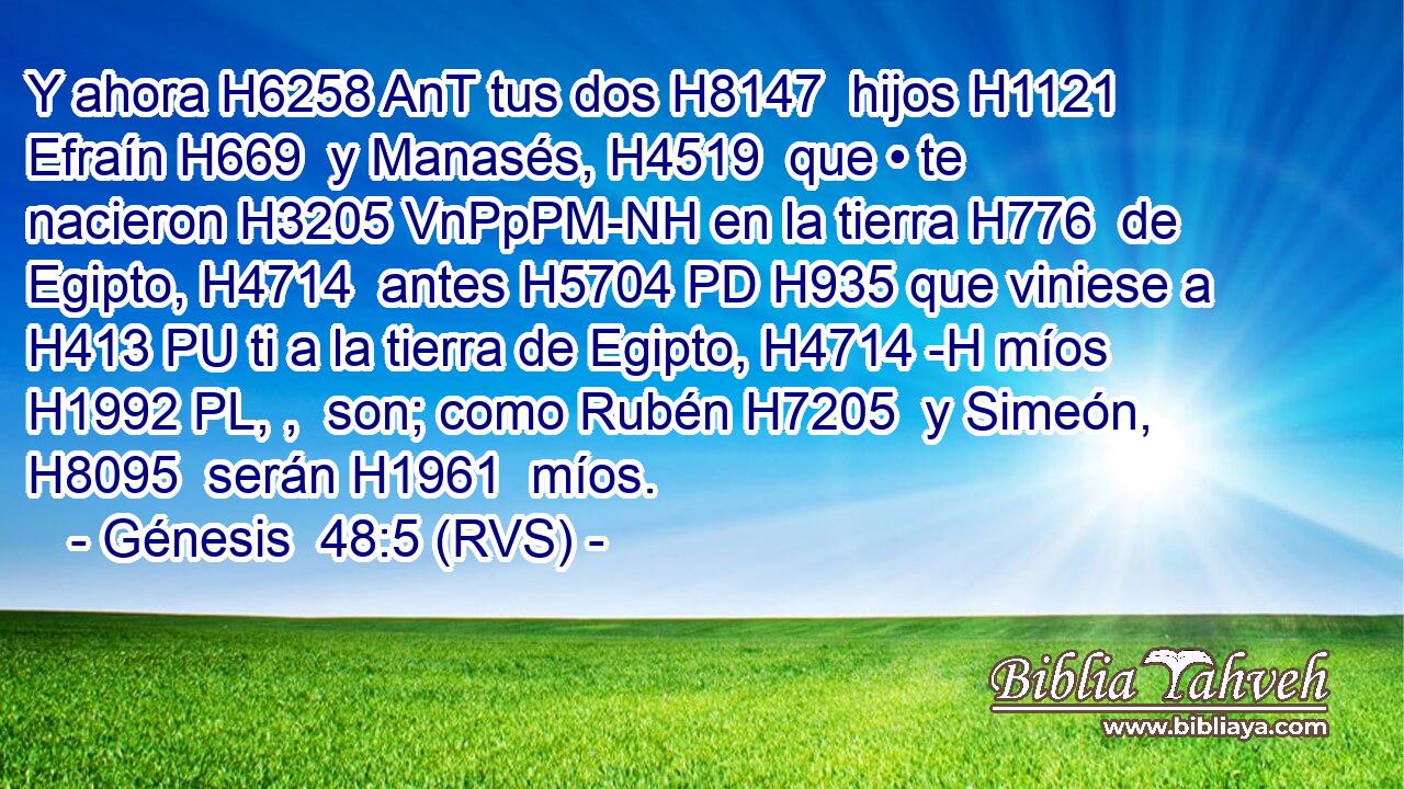 Y ahora H6258 AnT tus dos H8147  hijos H1121  Efraín H669  y Manasés, H4519  que • te nacieron H3205 VnPpPM-NH en la tierra H776  de Egipto, H4714  antes H5704 PD H935 que viniese a H413 PU ti a la tierra de Egipto, H4714 -H míos H1992 PL, ,  son; como Rubén H7205  y Simeón, H8095  serán H1961  míos. 