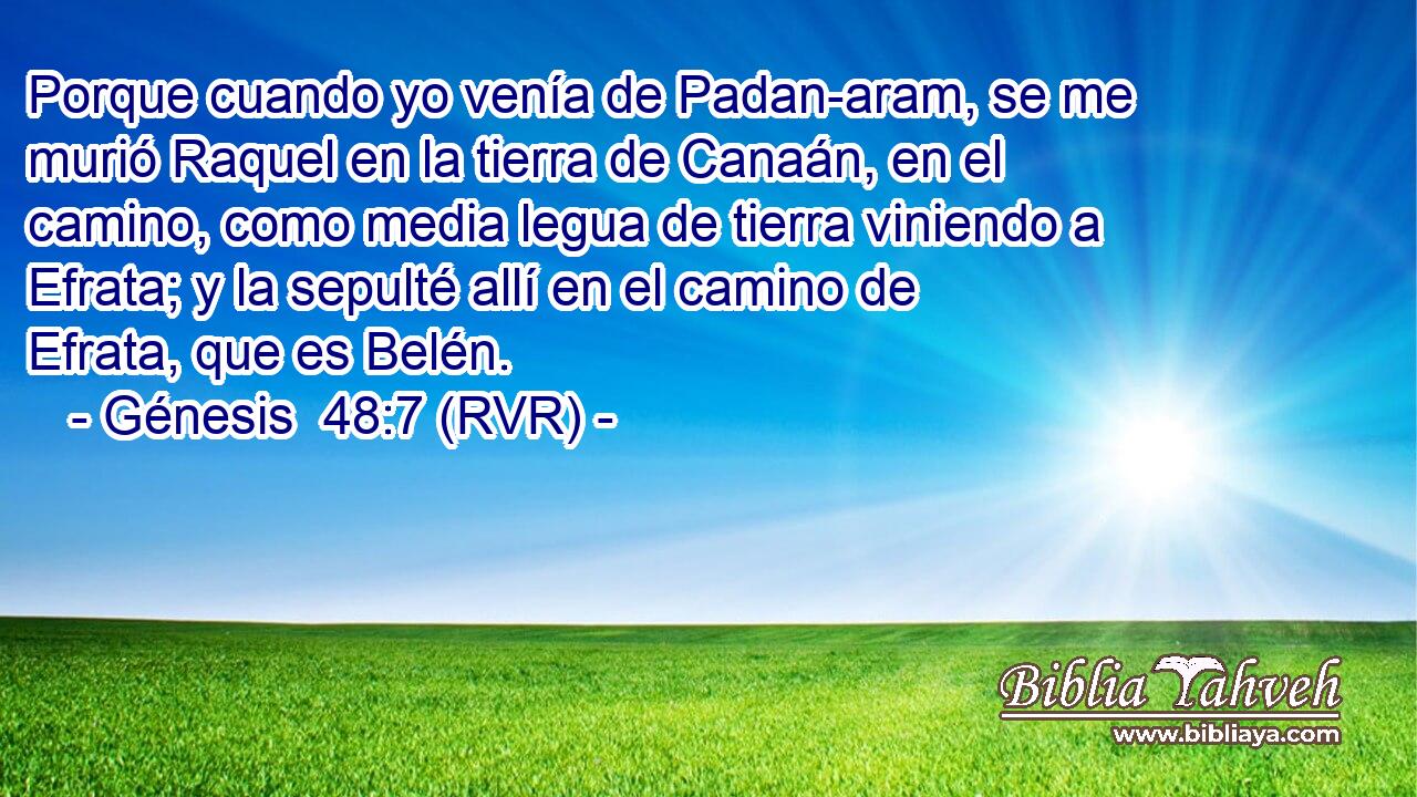 Porque cuando yo venía de Padan-aram, se me murió Raquel en la tierra de Canaán, en el camino, como media legua de tierra viniendo a Efrata; y la sepulté allí en el camino de Efrata, que es Belén.