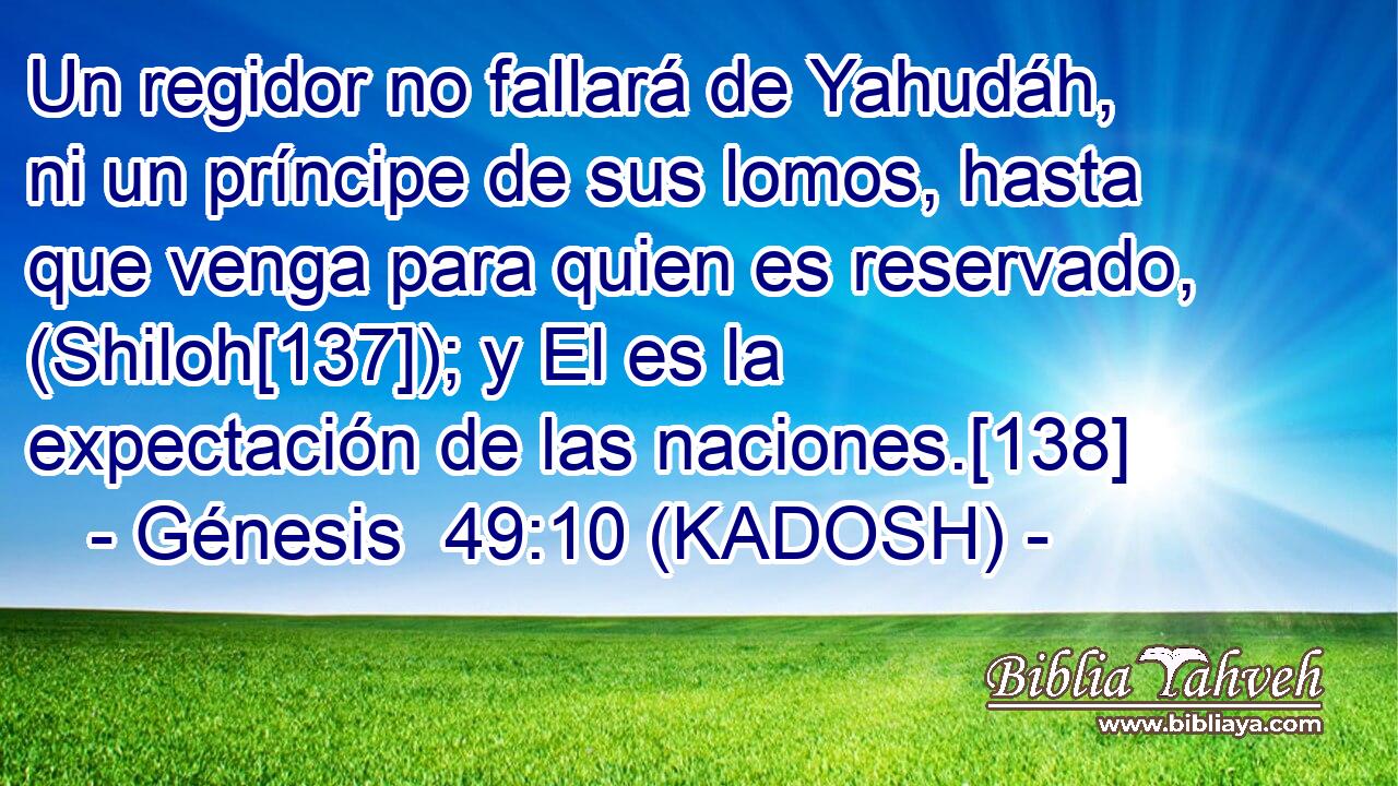  Un regidor no fallará de Yahudáh, ni un príncipe de sus lomos, hasta que venga para quien es reservado, (Shiloh[137]); y El es la expectación de las naciones.[138] 