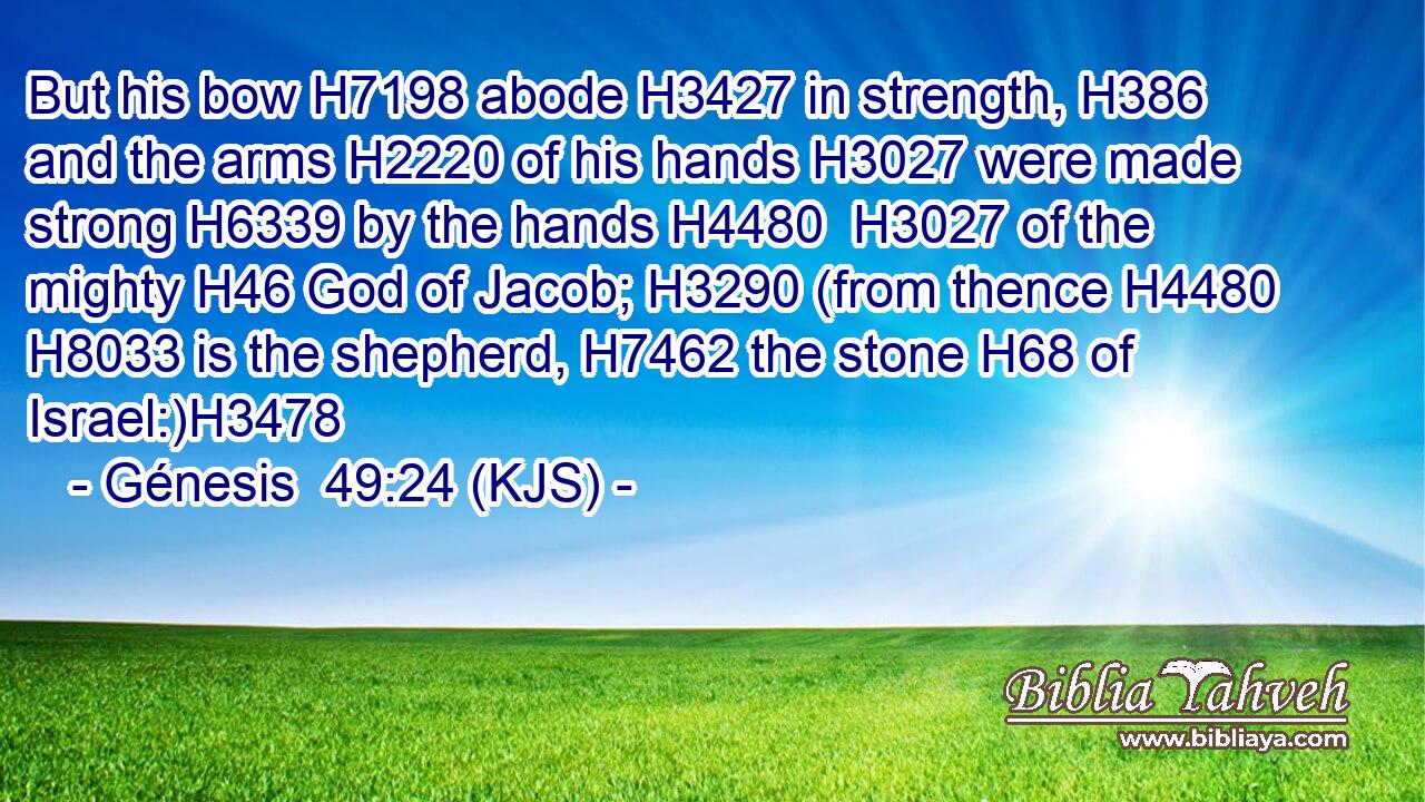 But his bow H7198 abode H3427 in strength, H386 and the arms H2220 of his hands H3027 were made strong H6339 by the hands H4480  H3027 of the mighty H46 God of Jacob; H3290 (from thence H4480  H8033 is the shepherd, H7462 the stone H68 of Israel:)H3478