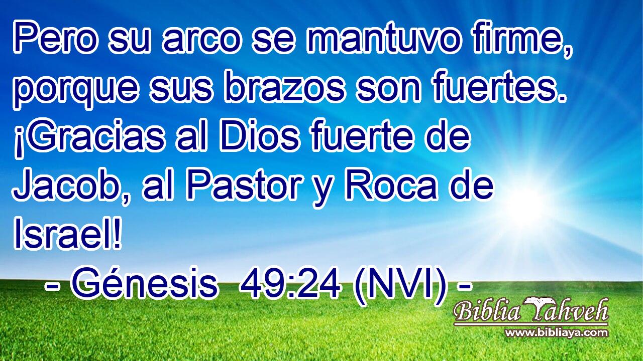  Pero su arco se mantuvo firme, porque sus brazos son fuertes. ¡Gracias al Dios fuerte de Jacob, al Pastor y Roca de Israel! 