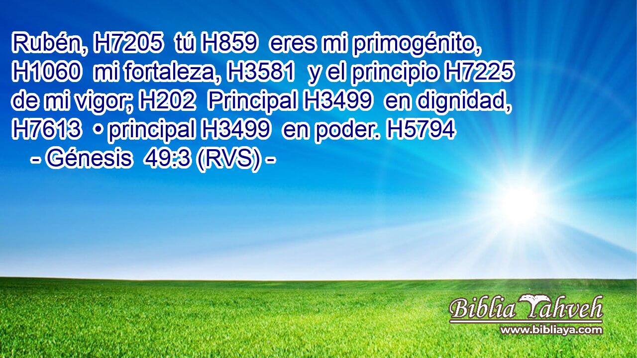 Rubén, H7205  tú H859  eres mi primogénito, H1060  mi fortaleza, H3581  y el principio H7225  de mi vigor; H202  Principal H3499  en dignidad, H7613  • principal H3499  en poder. H5794  
