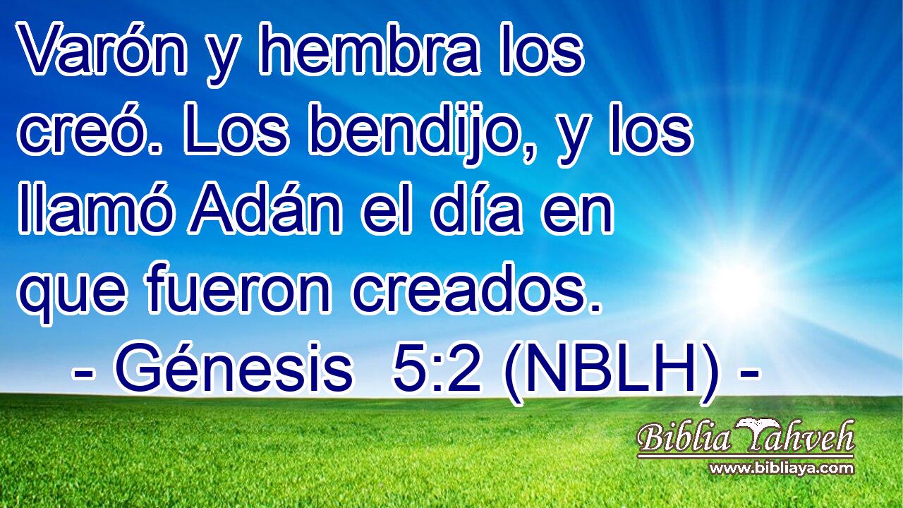  Varón y hembra los creó. Los bendijo, y los llamó Adán el día en que fueron creados. 