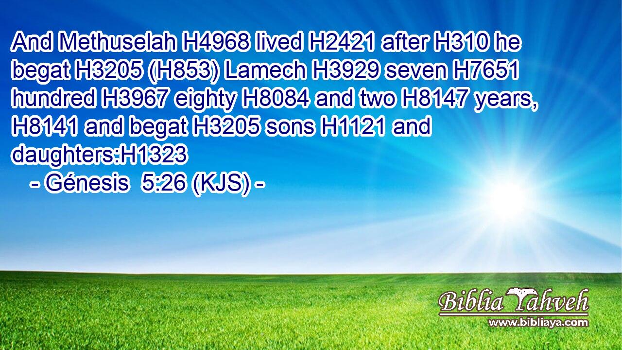 And Methuselah H4968 lived H2421 after H310 he begat H3205 (H853) Lamech H3929 seven H7651 hundred H3967 eighty H8084 and two H8147 years, H8141 and begat H3205 sons H1121 and daughters:H1323