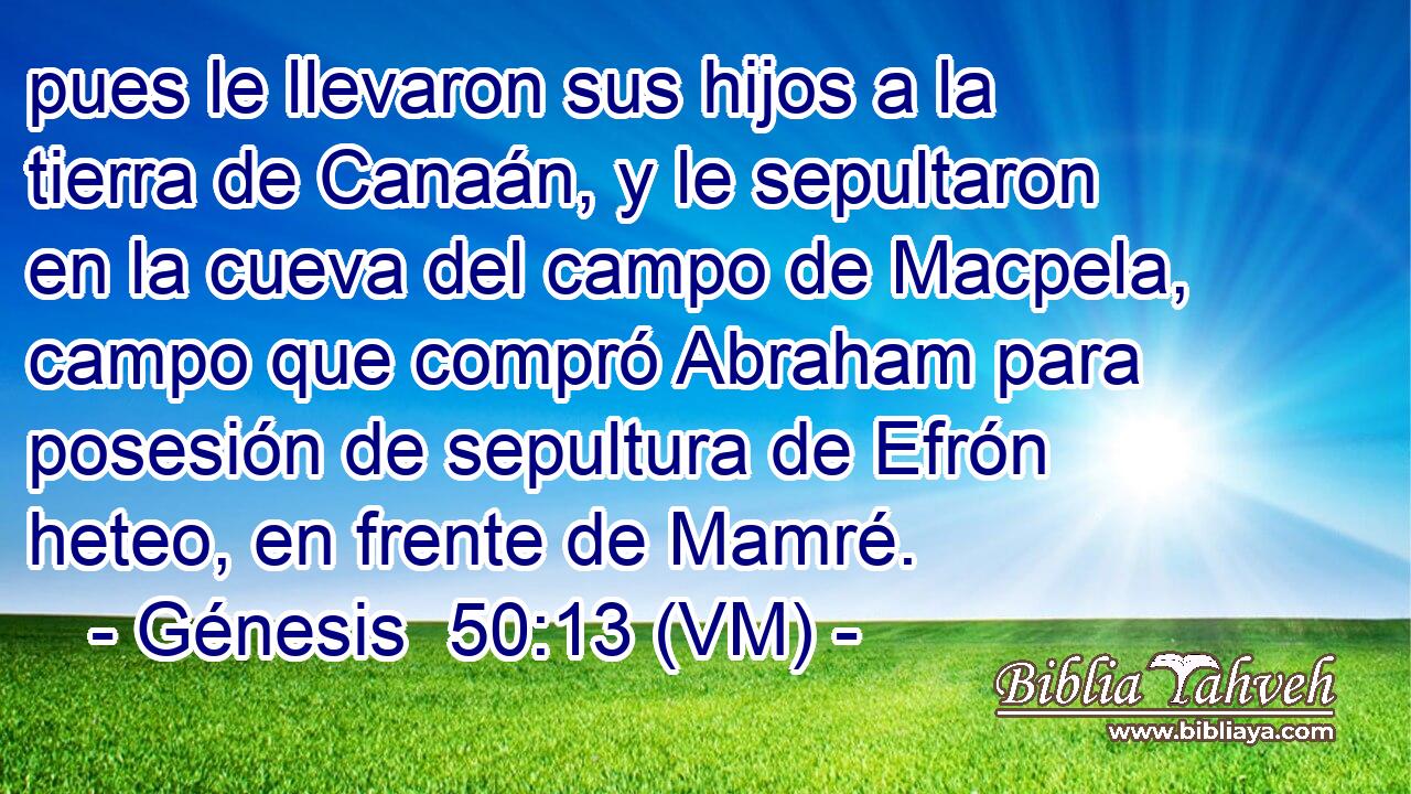  pues le llevaron sus hijos a la tierra de Canaán, y le sepultaron en la cueva del campo de Macpela, campo que compró Abraham para posesión de sepultura de Efrón heteo, en frente de Mamré. 