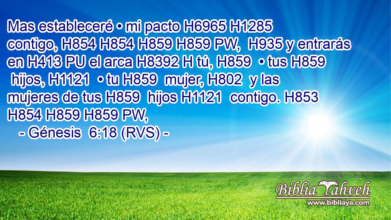 Mas estableceré • mi pacto H6965 H1285  contigo, H854 H854 H859 H859 PW,  H935 y entrarás en H413 PU el arca H8392 H tú, H859  • tus H859  hijos, H1121  • tu H859  mujer, H802  y las mujeres de tus H859  hijos H1121  contigo. H853 H854 H859 H859 PW,  