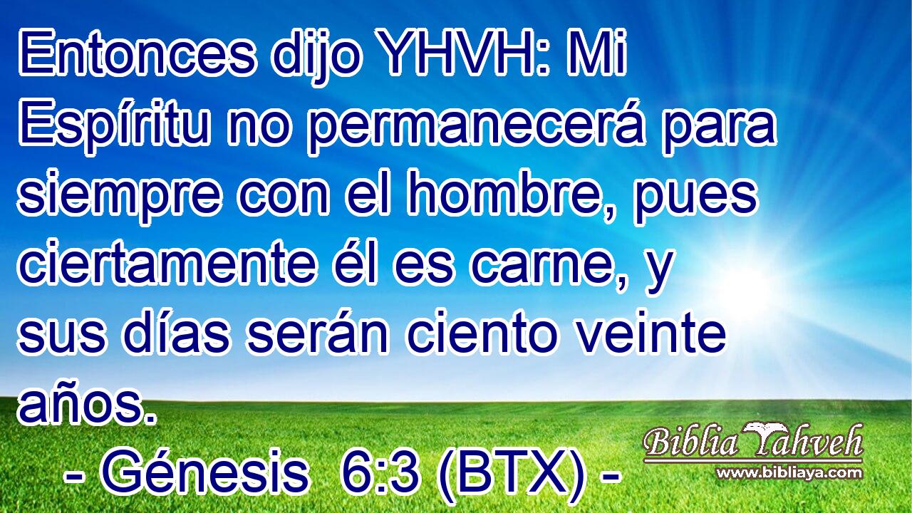 Entonces dijo YHVH: Mi Espíritu no permanecerá para siempre con el hombre, pues ciertamente él es carne, y sus días serán ciento veinte años.