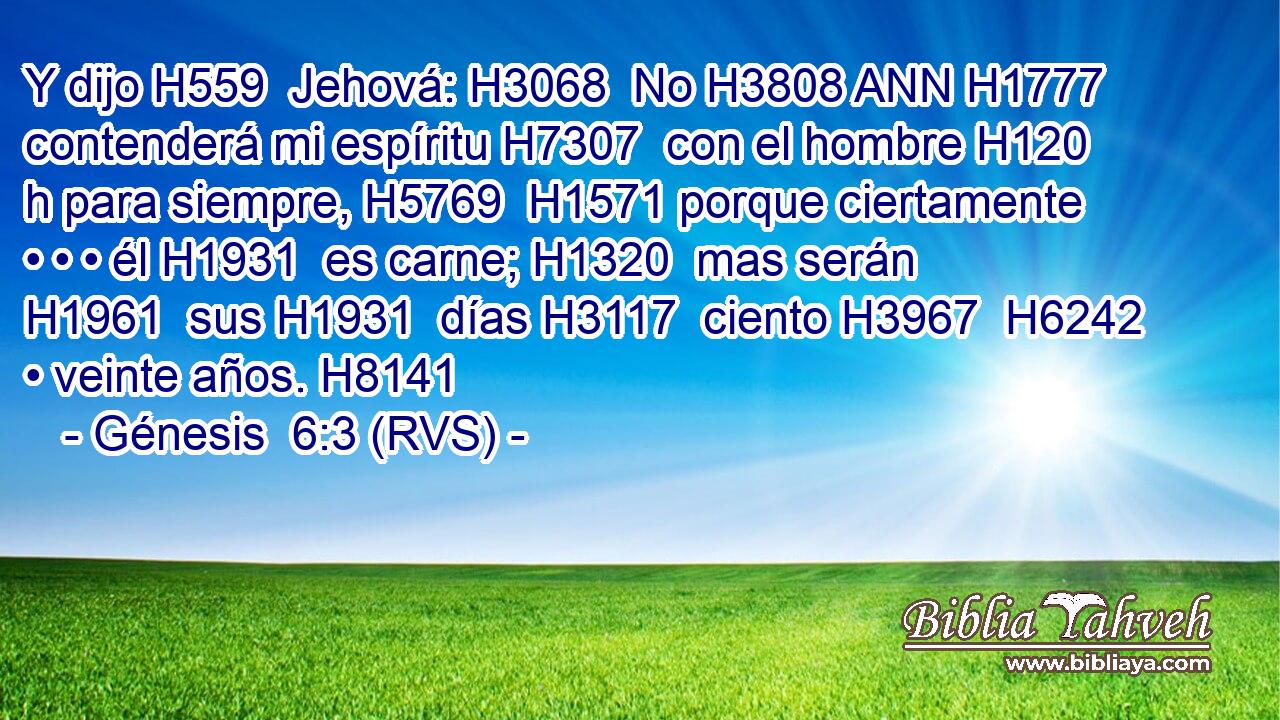 Y dijo H559  Jehová: H3068  No H3808 ANN H1777 contenderá mi espíritu H7307  con el hombre H120 h para siempre, H5769  H1571 porque ciertamente • • • él H1931  es carne; H1320  mas serán H1961  sus H1931  días H3117  ciento H3967  H6242 • veinte años. H8141  