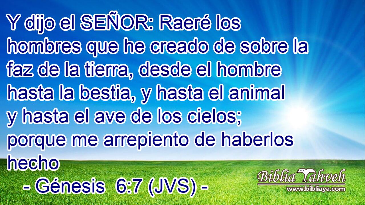 Y dijo el SEÑOR: Raeré los hombres que he creado de sobre la faz de la tierra, desde el hombre hasta la bestia, y hasta el animal y hasta el ave de los cielos; porque me arrepiento de haberlos hecho
