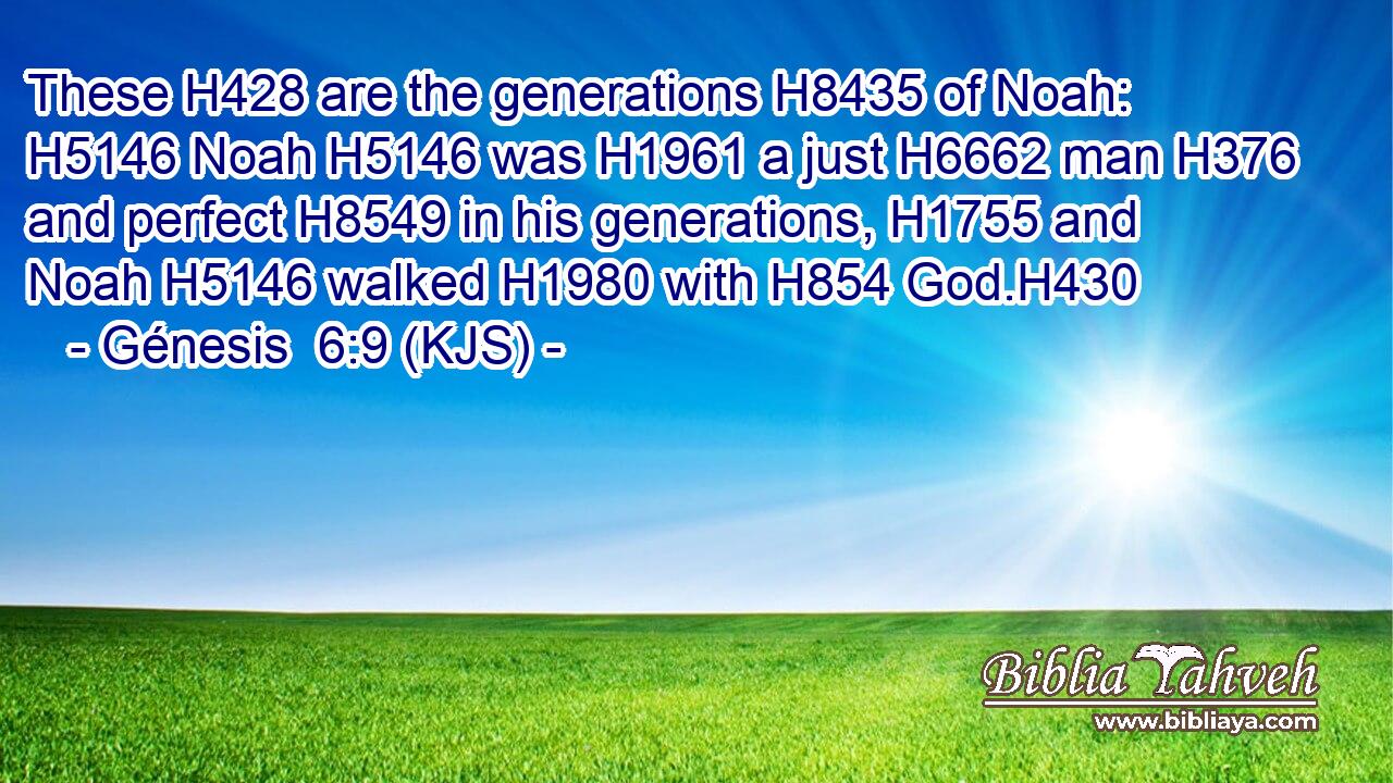 These H428 are the generations H8435 of Noah: H5146 Noah H5146 was H1961 a just H6662 man H376 and perfect H8549 in his generations, H1755 and Noah H5146 walked H1980 with H854 God.H430