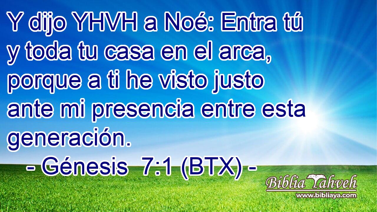 Y dijo YHVH a Noé: Entra tú y toda tu casa en el arca, porque a ti he visto justo ante mi presencia entre esta generación.