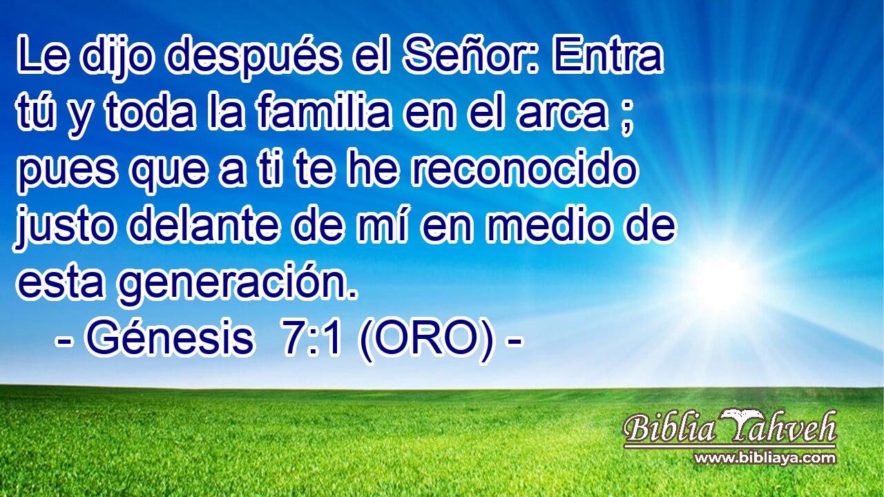  Le dijo después el Señor: Entra tú y toda la familia en el arca ; pues que a ti te he reconocido justo delante de mí en medio de esta generación. 