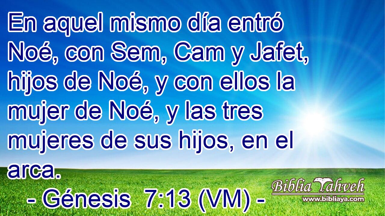  En aquel mismo día entró Noé, con Sem, Cam y Jafet, hijos de Noé, y con ellos la mujer de Noé, y las tres mujeres de sus hijos, en el arca. 