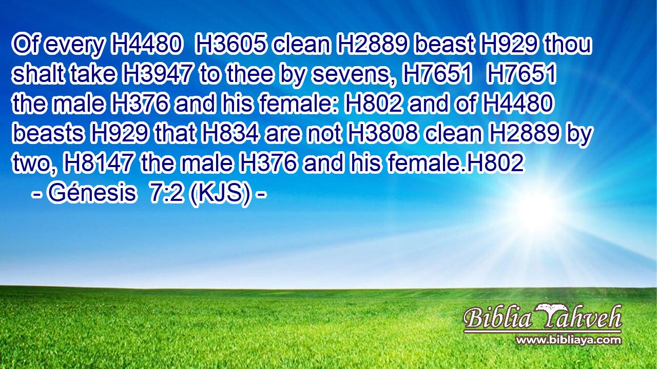 Of every H4480  H3605 clean H2889 beast H929 thou shalt take H3947 to thee by sevens, H7651  H7651 the male H376 and his female: H802 and of H4480 beasts H929 that H834 are not H3808 clean H2889 by two, H8147 the male H376 and his female.H802