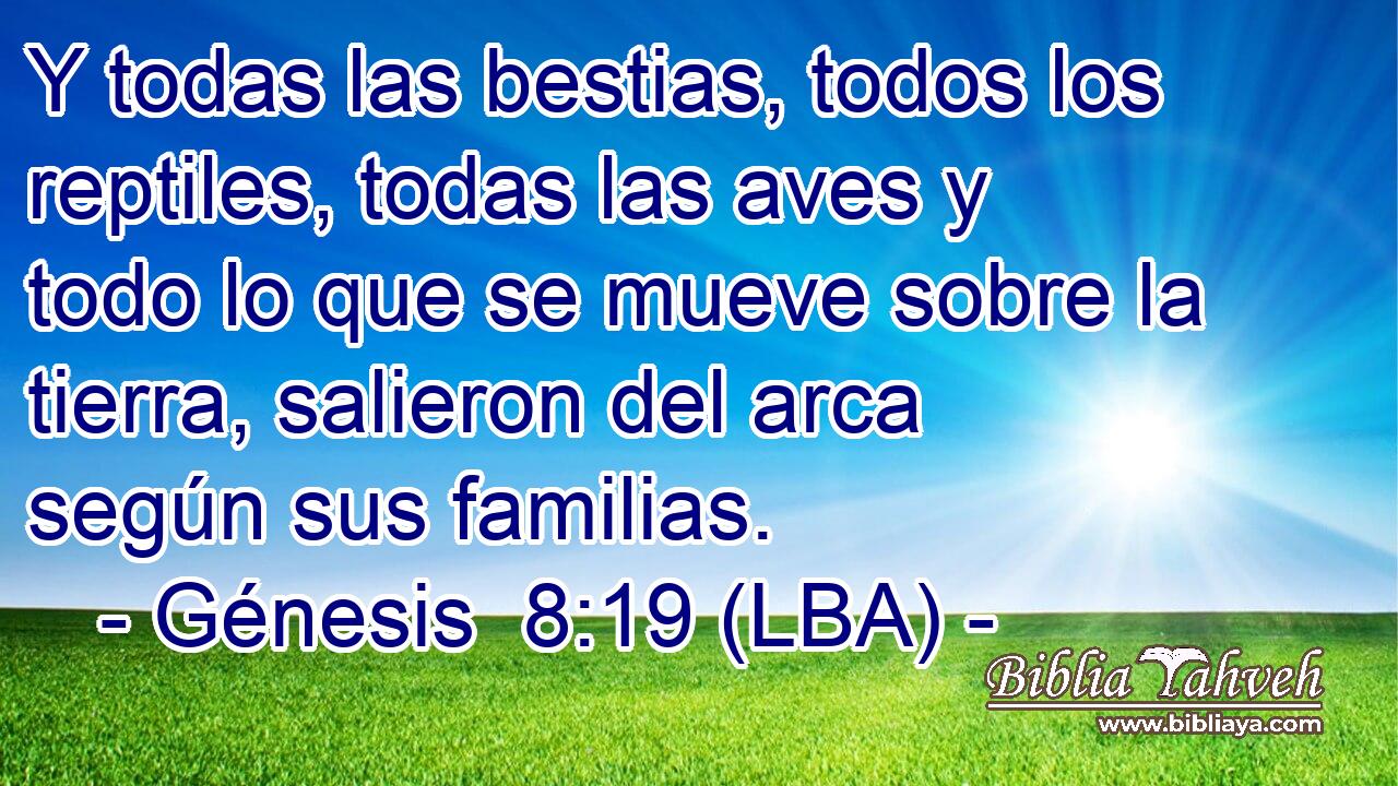 Y todas las bestias, todos los reptiles, todas las aves y todo lo que se mueve sobre la tierra, salieron del arca según sus familias.