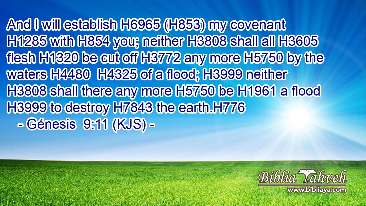 And I will establish H6965 (H853) my covenant H1285 with H854 you; neither H3808 shall all H3605 flesh H1320 be cut off H3772 any more H5750 by the waters H4480  H4325 of a flood; H3999 neither H3808 shall there any more H5750 be H1961 a flood H3999 to destroy H7843 the earth.H776
