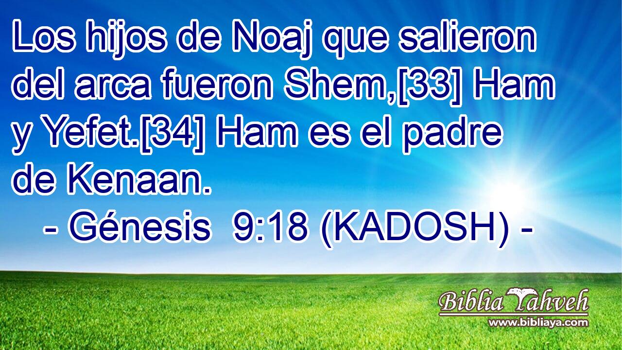  Los hijos de Noaj que salieron del arca fueron Shem,[33] Ham y Yefet.[34] Ham es el padre de Kenaan. 