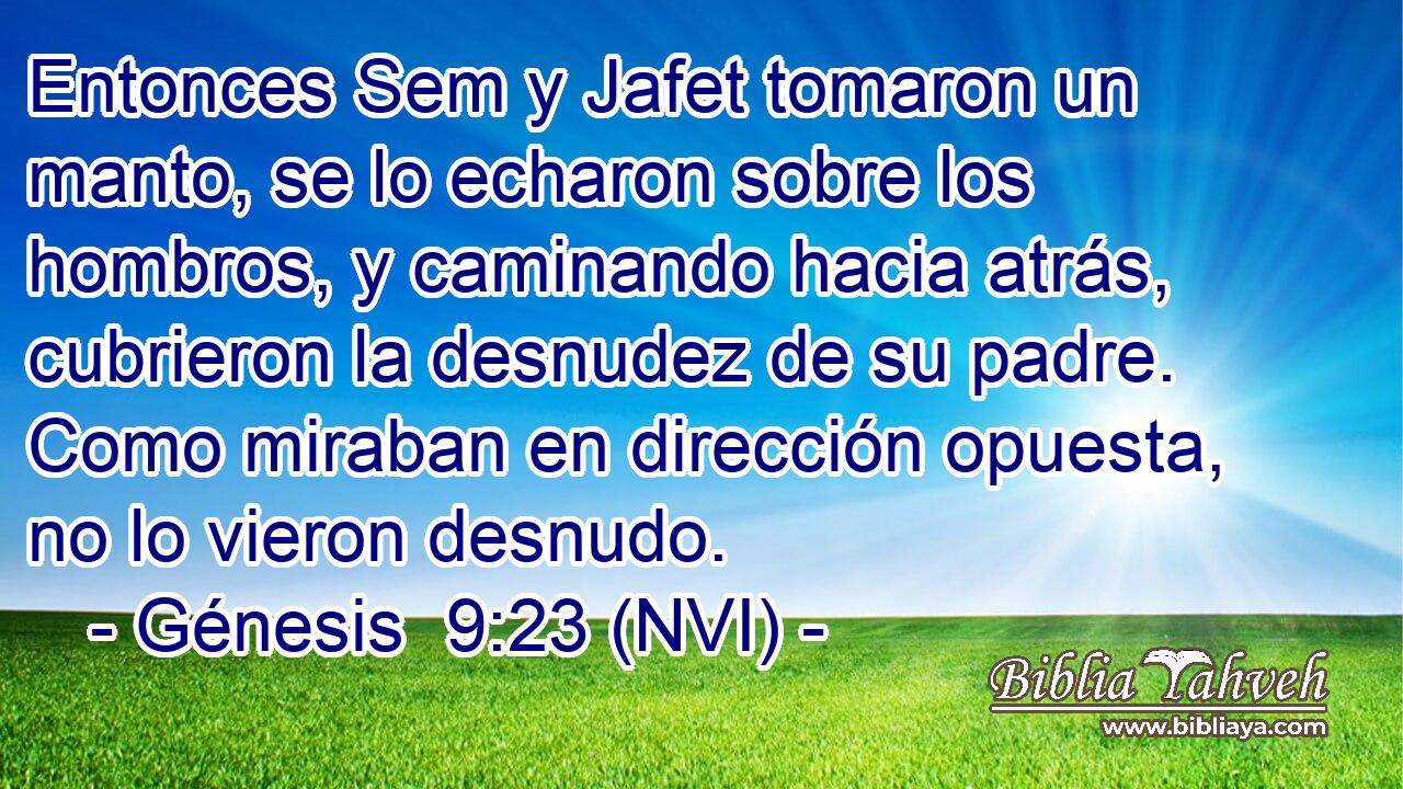  Entonces Sem y Jafet tomaron un manto, se lo echaron sobre los hombros, y caminando hacia atrás, cubrieron la desnudez de su padre. Como miraban en dirección opuesta, no lo vieron desnudo. 