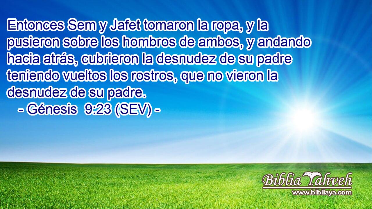 Entonces Sem y Jafet tomaron la ropa, y la pusieron sobre los hombros de ambos, y andando hacia atrás, cubrieron la desnudez de su padre teniendo vueltos los rostros, que no vieron la desnudez de su padre.