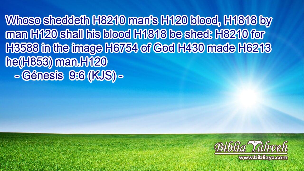 Whoso sheddeth H8210 man's H120 blood, H1818 by man H120 shall his blood H1818 be shed: H8210 for H3588 in the image H6754 of God H430 made H6213 he(H853) man.H120