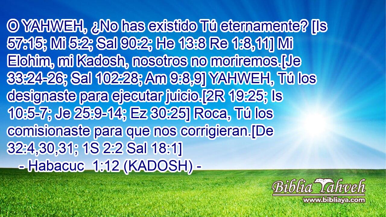  O YAHWEH, ¿No has existido Tú eternamente? [Is 57:15; Mi 5:2; Sal 90:2; He 13:8 Re 1:8,11] Mi Elohim, mi Kadosh, nosotros no moriremos.[Je 33:24-26; Sal 102:28; Am 9:8,9] YAHWEH, Tú los designaste para ejecutar juicio.[2R 19:25; Is 10:5-7; Je 25:9-14; Ez 30:25] Roca, Tú los comisionaste para que nos corrigieran.[De 32:4,30,31; 1S 2:2 Sal 18:1] 