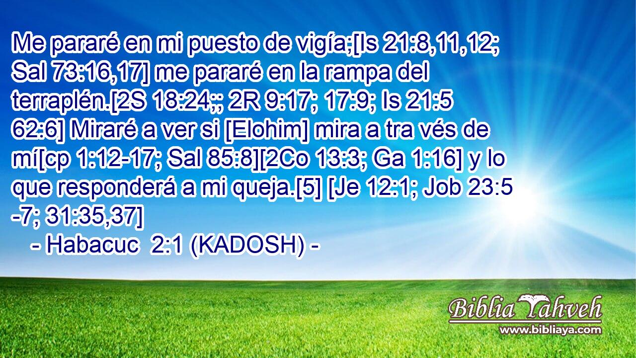  Me pararé en mi puesto de vigía;[Is 21:8,11,12; Sal 73:16,17] me pararé en la rampa del terraplén.[2S 18:24;; 2R 9:17; 17:9; Is 21:5 62:6] Miraré a ver si [Elohim] mira a tra vés de mí[cp 1:12-17; Sal 85:8][2Co 13:3; Ga 1:16] y lo que responderá a mi queja.[5] [Je 12:1; Job 23:5 -7; 31:35,37] 