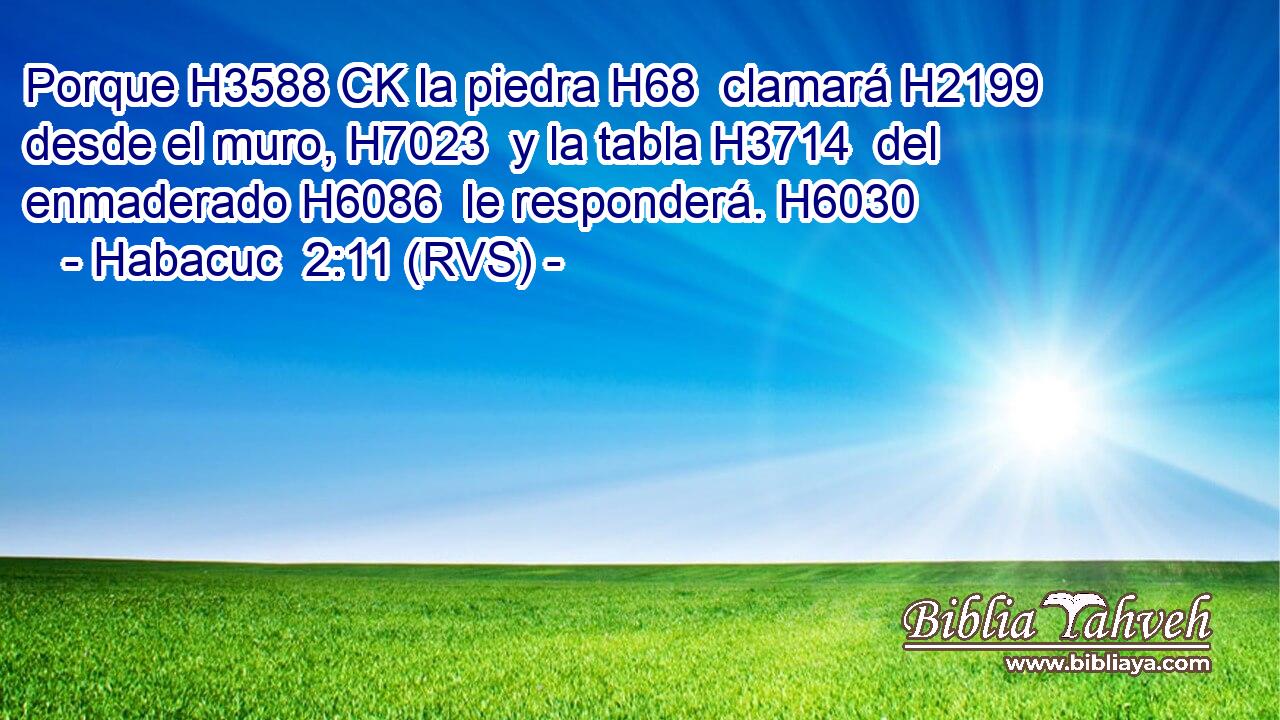 Porque H3588 CK la piedra H68  clamará H2199  desde el muro, H7023  y la tabla H3714  del enmaderado H6086  le responderá. H6030  