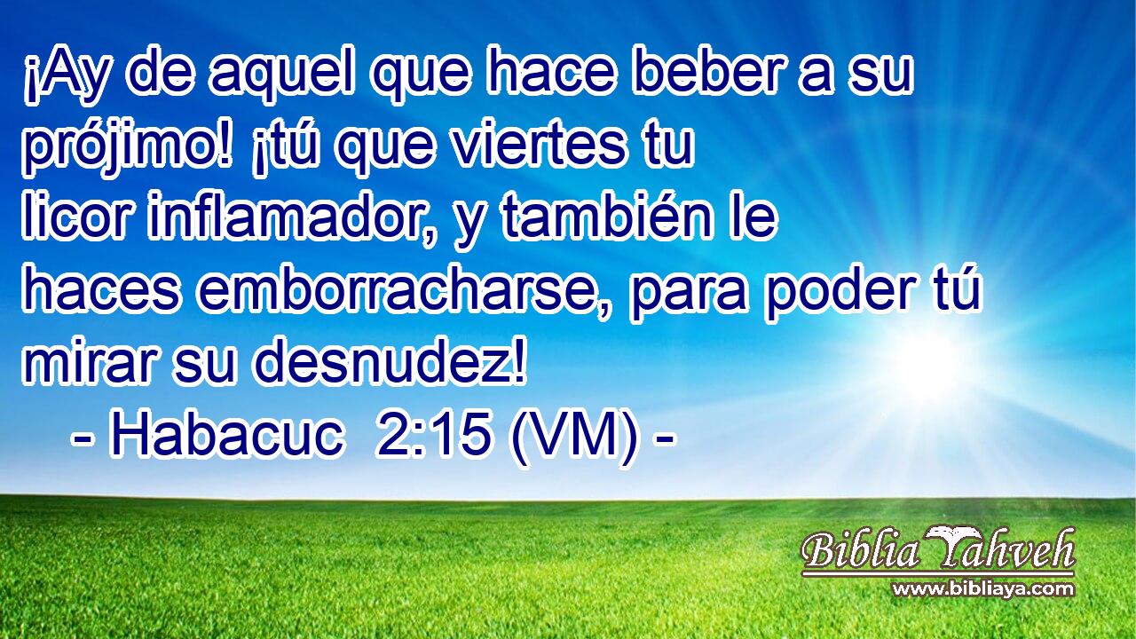  ¡Ay de aquel que hace beber a su prójimo! ¡tú que viertes tu licor inflamador, y también le haces emborracharse, para poder tú mirar su desnudez! 
