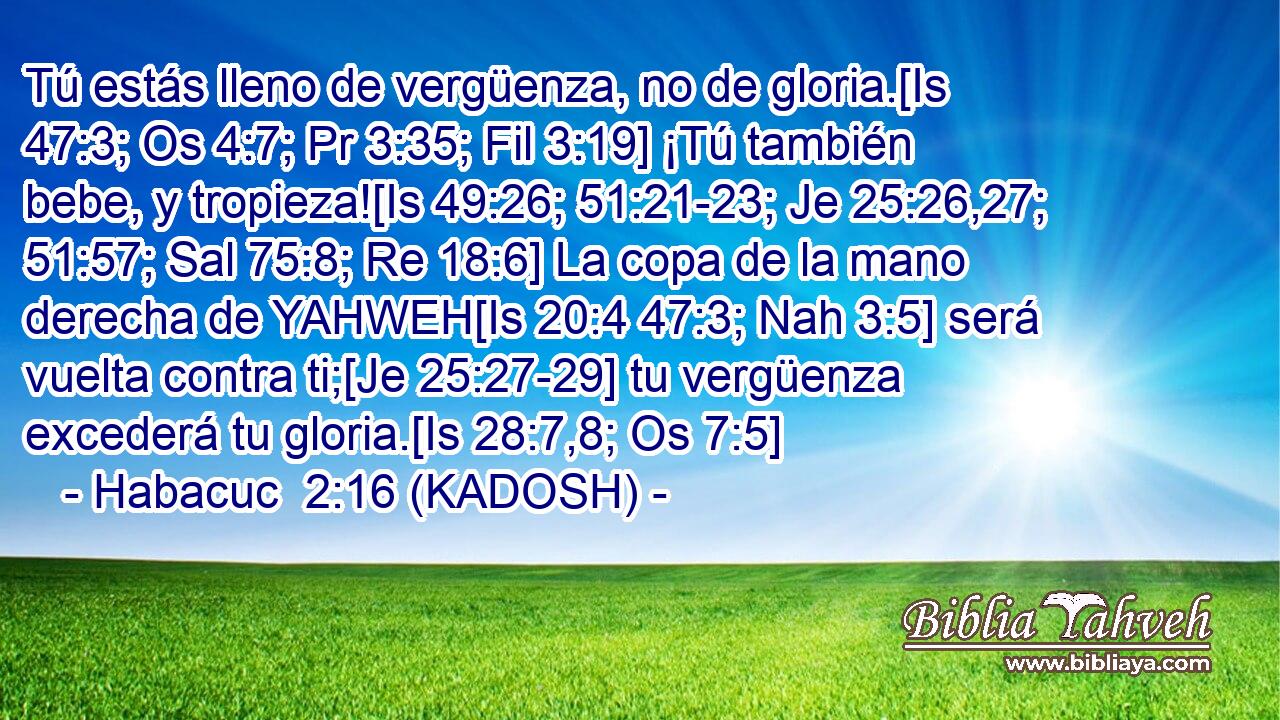 Tú estás lleno de vergüenza, no de gloria.[Is 47:3; Os 4:7; Pr 3:35; Fil 3:19] ¡Tú también bebe, y tropieza![Is 49:26; 51:21-23; Je 25:26,27; 51:57; Sal 75:8; Re 18:6] La copa de la mano derecha de YAHWEH[Is 20:4 47:3; Nah 3:5] será vuelta contra ti;[Je 25:27-29] tu vergüenza excederá tu gloria.[Is 28:7,8; Os 7:5] 