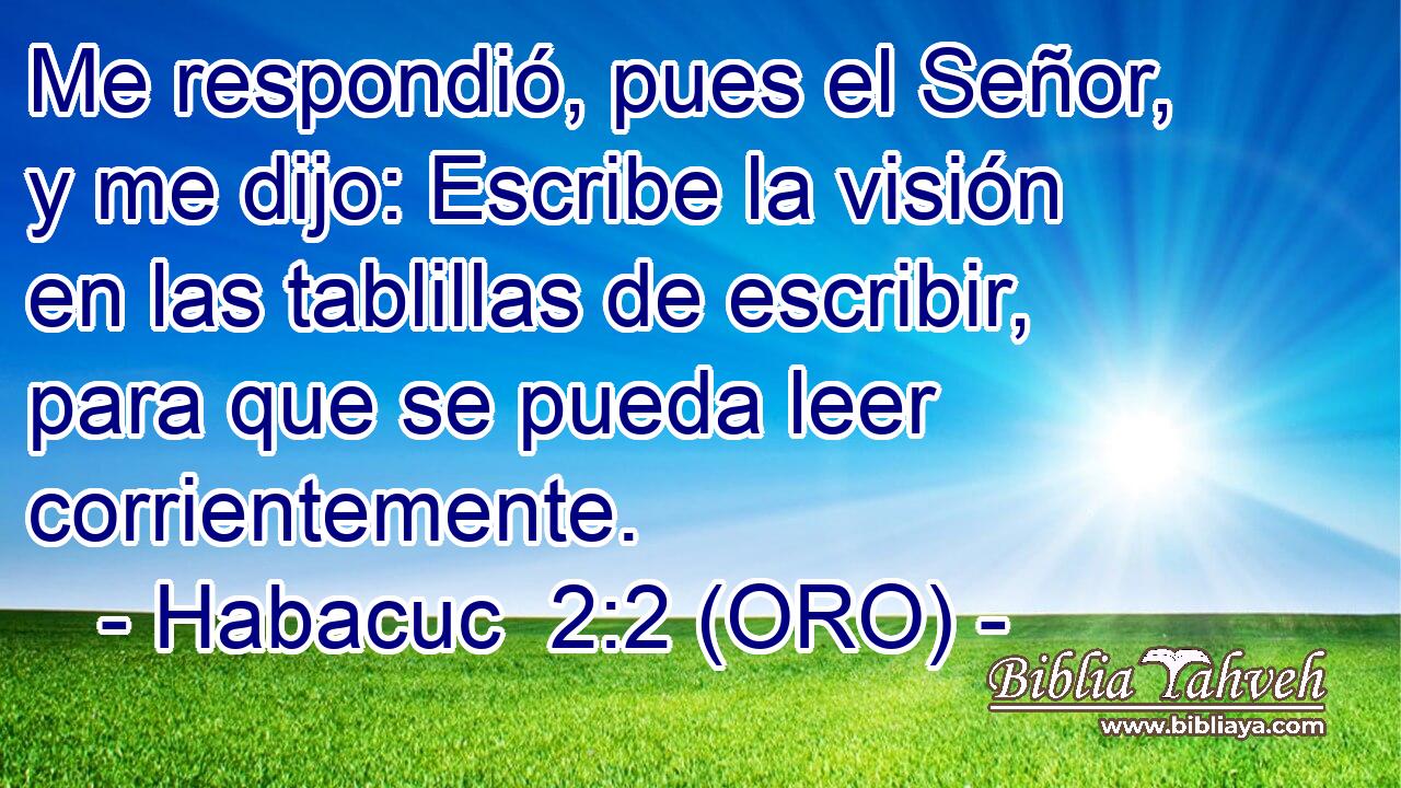  Me respondió, pues el Señor, y me dijo: Escribe la visión en las tablillas de escribir, para que se pueda leer corrientemente. 