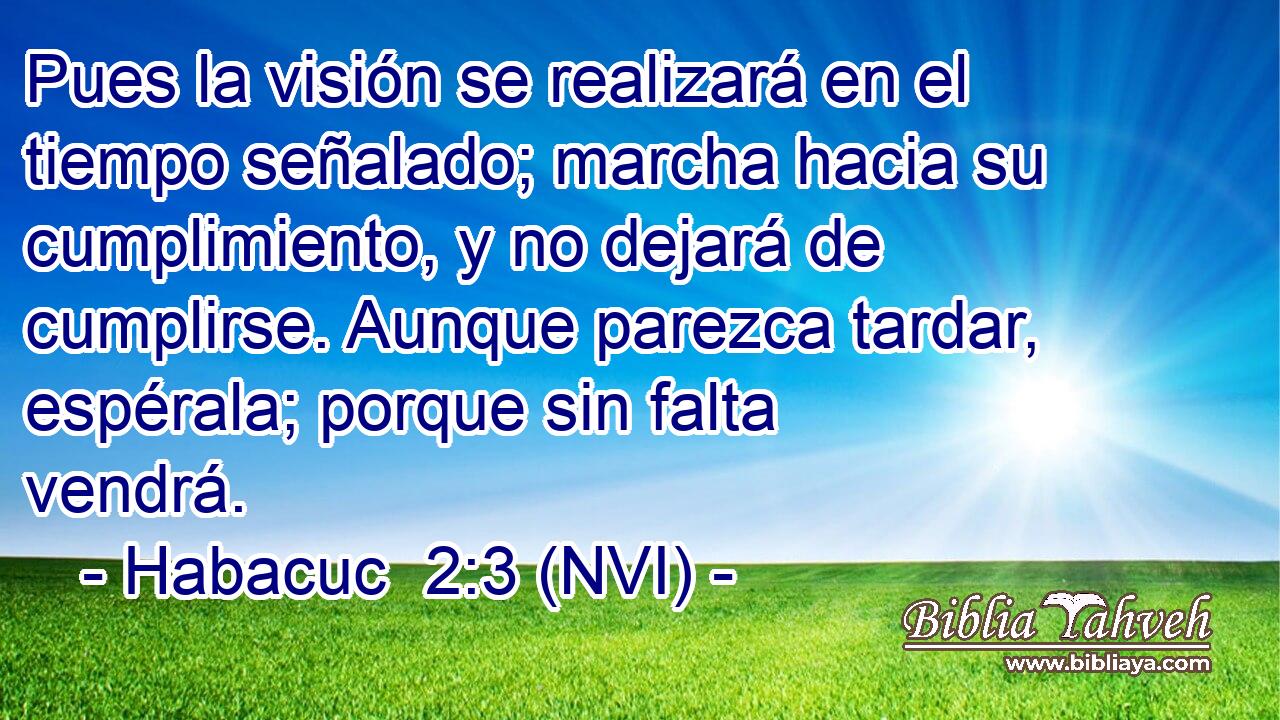  Pues la visión se realizará en el tiempo señalado; marcha hacia su cumplimiento, y no dejará de cumplirse. Aunque parezca tardar, espérala; porque sin falta vendrá. 