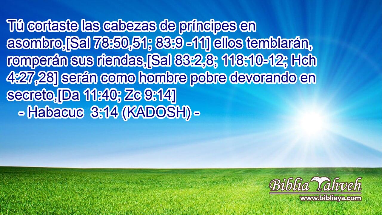  Tú cortaste las cabezas de príncipes en asombro,[Sal 78:50,51; 83:9 -11] ellos temblarán, romperán sus riendas,[Sal 83:2,8; 118:10-12; Hch 4:27,28] serán como hombre pobre devorando en secreto,[Da 11:40; Zc 9:14] 