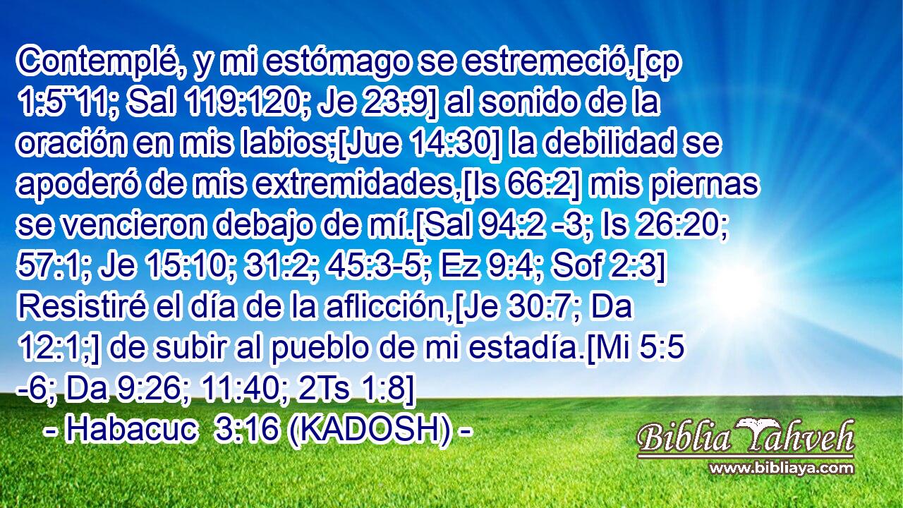  Contemplé, y mi estómago se estremeció,[cp 1:5¨11; Sal 119:120; Je 23:9] al sonido de la oración en mis labios;[Jue 14:30] la debilidad se apoderó de mis extremidades,[Is 66:2] mis piernas se vencieron debajo de mí.[Sal 94:2 -3; Is 26:20; 57:1; Je 15:10; 31:2; 45:3-5; Ez 9:4; Sof 2:3] Resistiré el día de la aflicción,[Je 30:7; Da 12:1;] de subir al pueblo de mi estadía.[Mi 5:5 -6; Da 9:26; 11:40; 2Ts 1:8] 