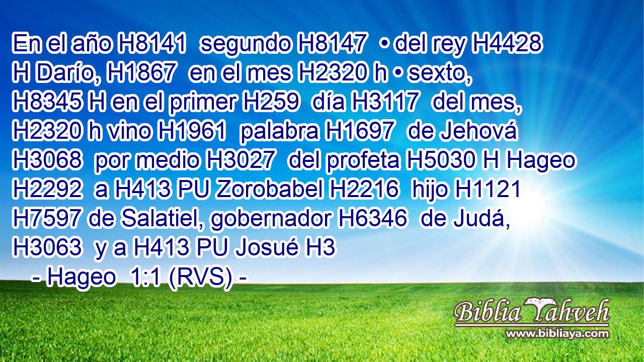 En el año H8141  segundo H8147  • del rey H4428 H Darío, H1867  en el mes H2320 h • sexto, H8345 H en el primer H259  día H3117  del mes, H2320 h vino H1961  palabra H1697  de Jehová H3068  por medio H3027  del profeta H5030 H Hageo H2292  a H413 PU Zorobabel H2216  hijo H1121  H7597 de Salatiel, gobernador H6346  de Judá, H3063  y a H413 PU Josué H3