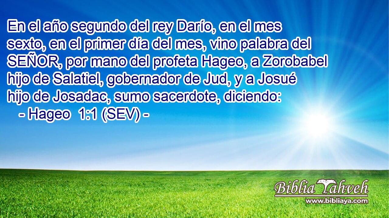 En el año segundo del rey Darío, en el mes sexto, en el primer día del mes, vino palabra del SEÑOR, por mano del profeta Hageo, a Zorobabel hijo de Salatiel, gobernador de Jud, y a Josué hijo de Josadac, sumo sacerdote, diciendo: