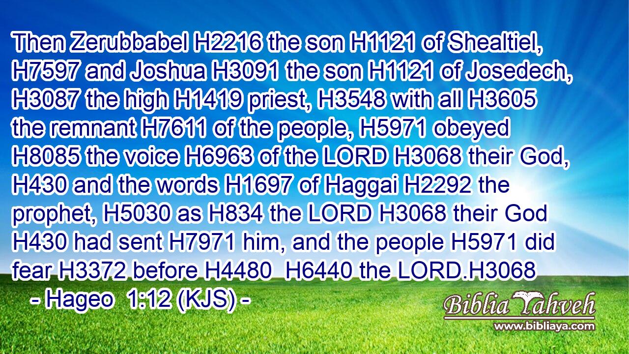 Then Zerubbabel H2216 the son H1121 of Shealtiel, H7597 and Joshua H3091 the son H1121 of Josedech, H3087 the high H1419 priest, H3548 with all H3605 the remnant H7611 of the people, H5971 obeyed H8085 the voice H6963 of the LORD H3068 their God, H430 and the words H1697 of Haggai H2292 the prophet, H5030 as H834 the LORD H3068 their God H430 had sent H7971 him, and the people H5971 did fear H3372 before H4480  H6440 the LORD.H3068