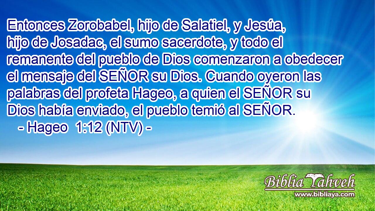 Entonces Zorobabel, hijo de Salatiel, y Jesúa, hijo de Josadac, el sumo sacerdote, y todo el remanente del pueblo de Dios comenzaron a obedecer el mensaje del SEÑOR su Dios. Cuando oyeron las palabras del profeta Hageo, a quien el SEÑOR su Dios había enviado, el pueblo temió al SEÑOR.
