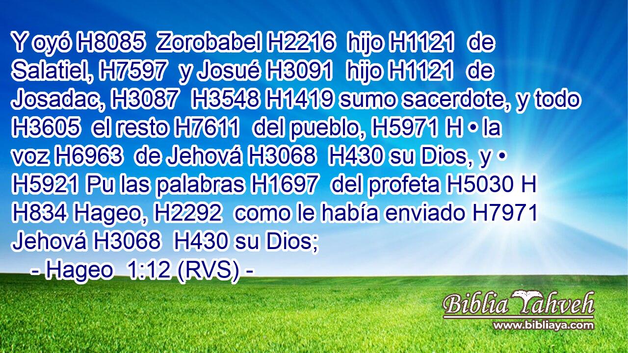 Y oyó H8085  Zorobabel H2216  hijo H1121  de Salatiel, H7597  y Josué H3091  hijo H1121  de Josadac, H3087  H3548 H1419 sumo sacerdote, y todo H3605  el resto H7611  del pueblo, H5971 H • la voz H6963  de Jehová H3068  H430 su Dios, y • H5921 Pu las palabras H1697  del profeta H5030 H H834 Hageo, H2292  como le había enviado H7971  Jehová H3068  H430 su Dios;