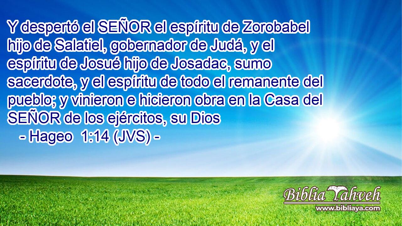 Y despertó el SEÑOR el espíritu de Zorobabel hijo de Salatiel, gobernador de Judá, y el espíritu de Josué hijo de Josadac, sumo sacerdote, y el espíritu de todo el remanente del pueblo; y vinieron e hicieron obra en la Casa del SEÑOR de los ejércitos, su Dios