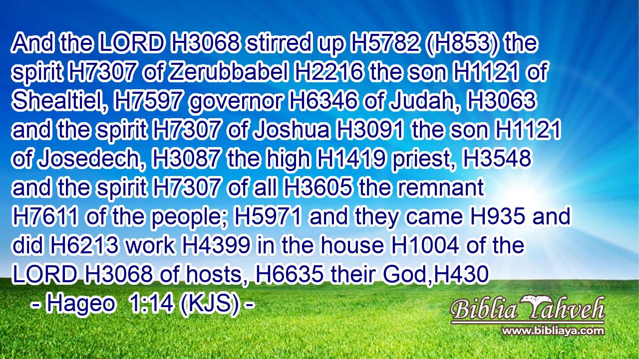 And the LORD H3068 stirred up H5782 (H853) the spirit H7307 of Zerubbabel H2216 the son H1121 of Shealtiel, H7597 governor H6346 of Judah, H3063 and the spirit H7307 of Joshua H3091 the son H1121 of Josedech, H3087 the high H1419 priest, H3548 and the spirit H7307 of all H3605 the remnant H7611 of the people; H5971 and they came H935 and did H6213 work H4399 in the house H1004 of the LORD H3068 of hosts, H6635 their God,H430