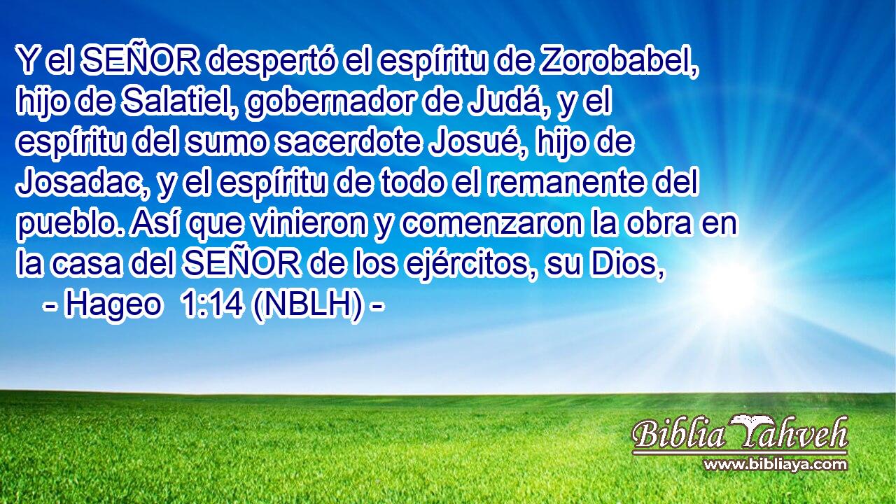  Y el SEÑOR despertó el espíritu de Zorobabel, hijo de Salatiel, gobernador de Judá, y el espíritu del sumo sacerdote Josué, hijo de Josadac, y el espíritu de todo el remanente del pueblo. Así que vinieron y comenzaron la obra en la casa del SEÑOR de los ejércitos, su Dios, 