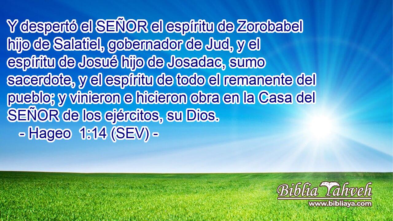 Y despertó el SEÑOR el espíritu de Zorobabel hijo de Salatiel, gobernador de Jud, y el espíritu de Josué hijo de Josadac, sumo sacerdote, y el espíritu de todo el remanente del pueblo; y vinieron e hicieron obra en la Casa del SEÑOR de los ejércitos, su Dios.