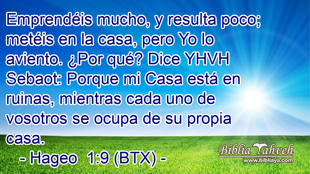 Emprendéis mucho, y resulta poco; metéis en la casa, pero Yo lo aviento. ¿Por qué? Dice YHVH Sebaot: Porque mi Casa está en ruinas, mientras cada uno de vosotros se ocupa de su propia casa.