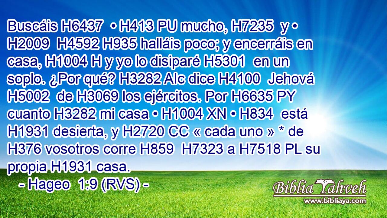 Buscáis H6437  • H413 PU mucho, H7235  y • H2009  H4592 H935 halláis poco; y encerráis en casa, H1004 H y yo lo disiparé H5301  en un soplo. ¿Por qué? H3282 AIc dice H4100  Jehová H5002  de H3069 los ejércitos. Por H6635 PY cuanto H3282 mi casa • H1004 XN • H834  está H1931 desierta, y H2720 CC « cada uno » * de H376 vosotros corre H859  H7323 a H7518 PL su propia H1931 casa. 