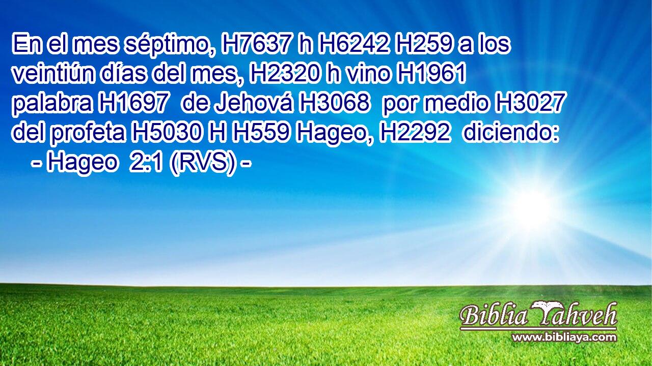 En el mes séptimo, H7637 h H6242 H259 a los veintiún días del mes, H2320 h vino H1961  palabra H1697  de Jehová H3068  por medio H3027  del profeta H5030 H H559 Hageo, H2292  diciendo: 