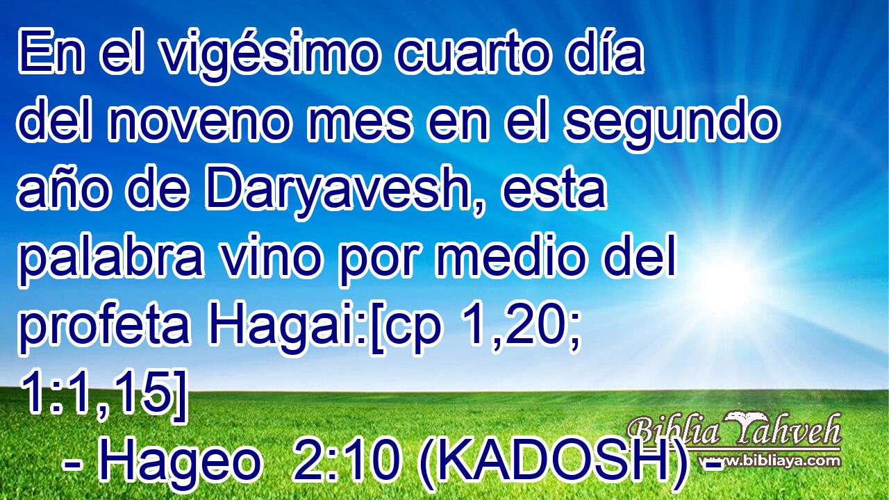  En el vigésimo cuarto día del noveno mes en el segundo año de Daryavesh, esta palabra vino por medio del profeta Hagai:[cp 1,20; 1:1,15] 