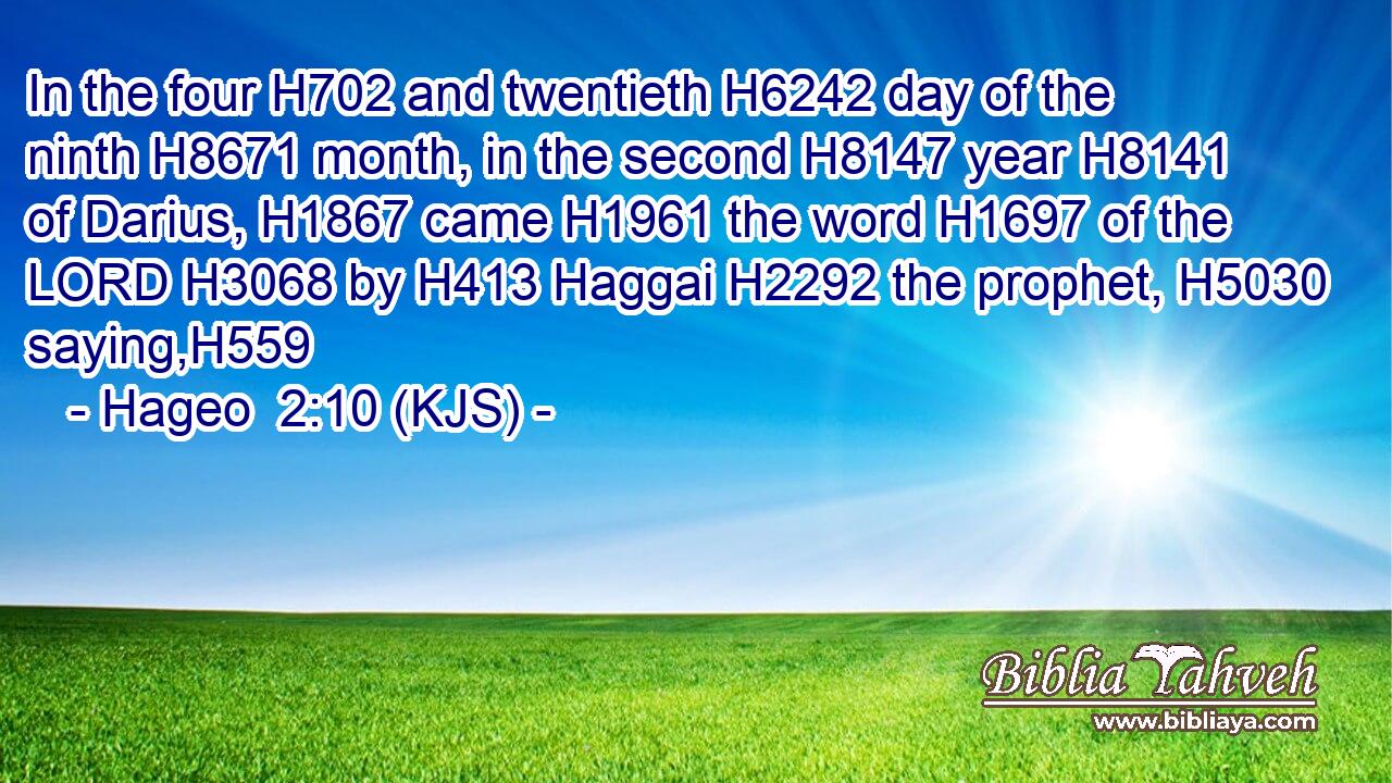 In the four H702 and twentieth H6242 day of the ninth H8671 month, in the second H8147 year H8141 of Darius, H1867 came H1961 the word H1697 of the LORD H3068 by H413 Haggai H2292 the prophet, H5030 saying,H559