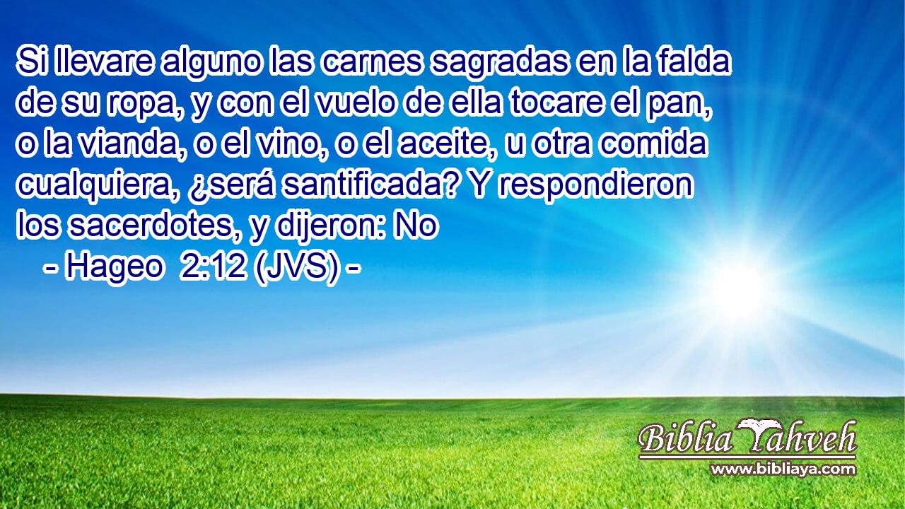 Si llevare alguno las carnes sagradas en la falda de su ropa, y con el vuelo de ella tocare el pan, o la vianda, o el vino, o el aceite, u otra comida cualquiera, ¿será santificada? Y respondieron los sacerdotes, y dijeron: No