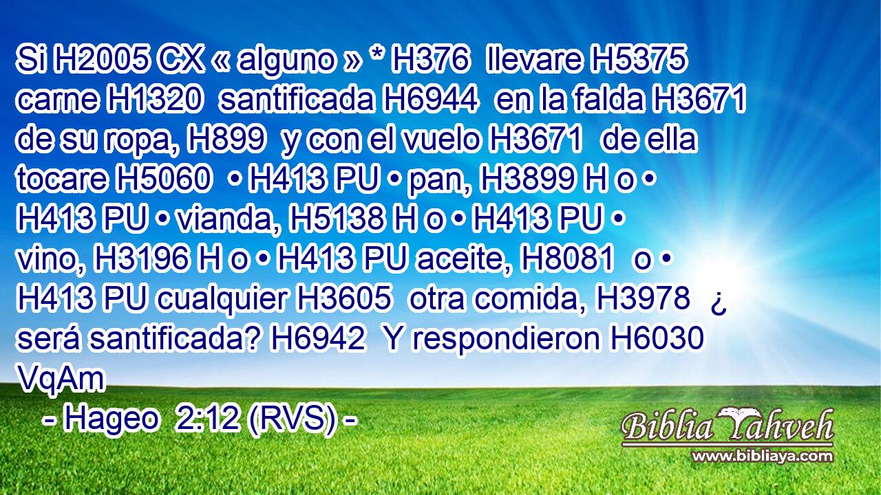 Si H2005 CX « alguno » * H376  llevare H5375  carne H1320  santificada H6944  en la falda H3671  de su ropa, H899  y con el vuelo H3671  de ella tocare H5060  • H413 PU • pan, H3899 H o • H413 PU • vianda, H5138 H o • H413 PU • vino, H3196 H o • H413 PU aceite, H8081  o • H413 PU cualquier H3605  otra comida, H3978  ¿ será santificada? H6942  Y respondieron H6030 VqAm